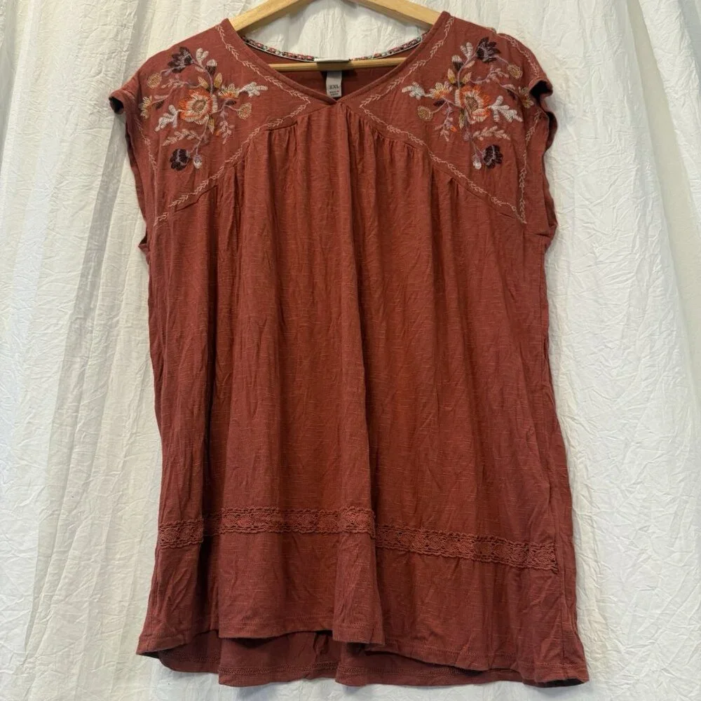 Knox Rose Rust‎ Colored Floral Embroidered Top XXL Feminine Pretty Boho Dainty - Picture 3 of 7
